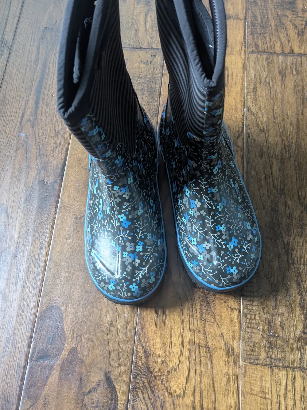 Bogs Kids Black Rain Boots with Blue Floral Print